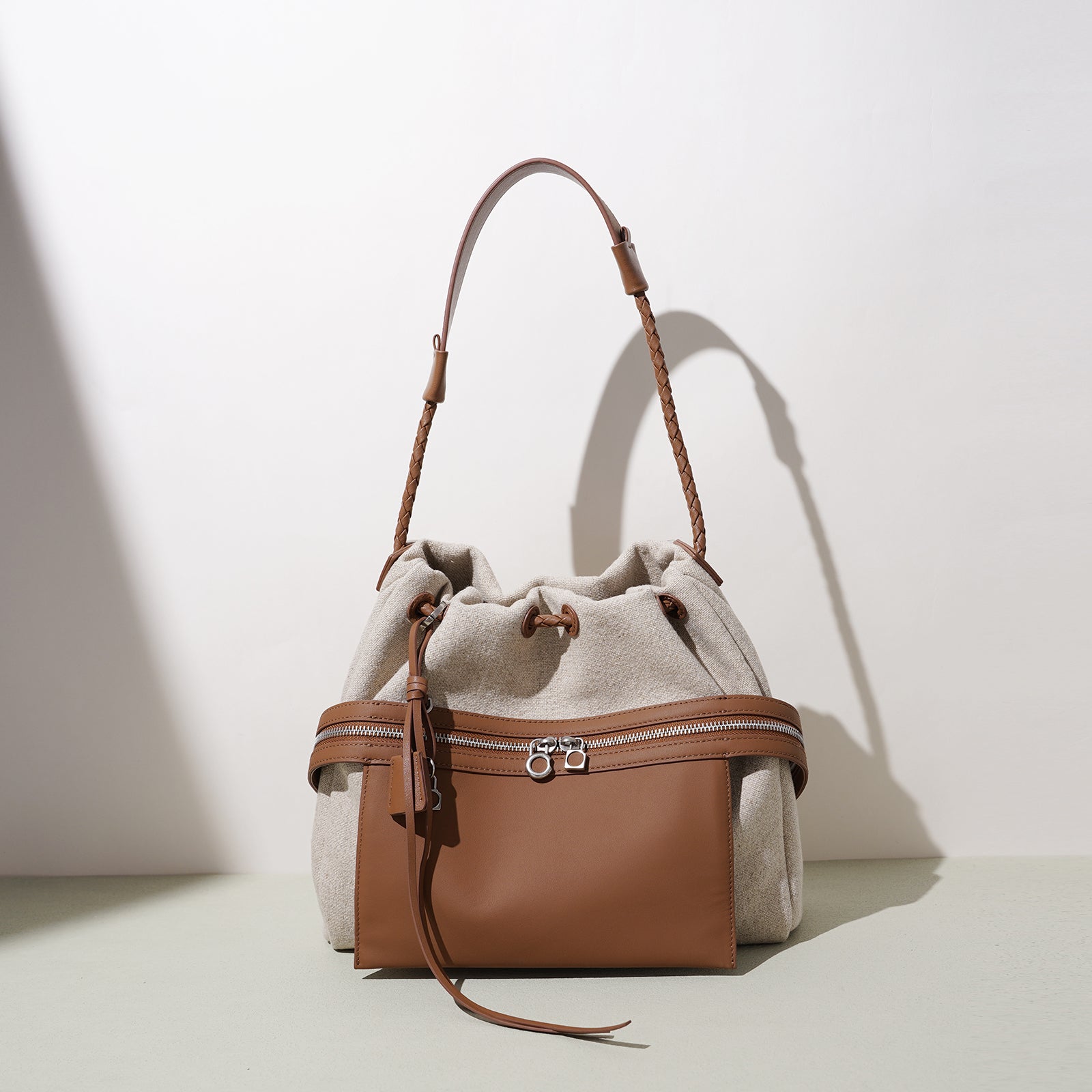 LELALIA Canvas & Leather Drawstring Bucket Bag(LL1022)