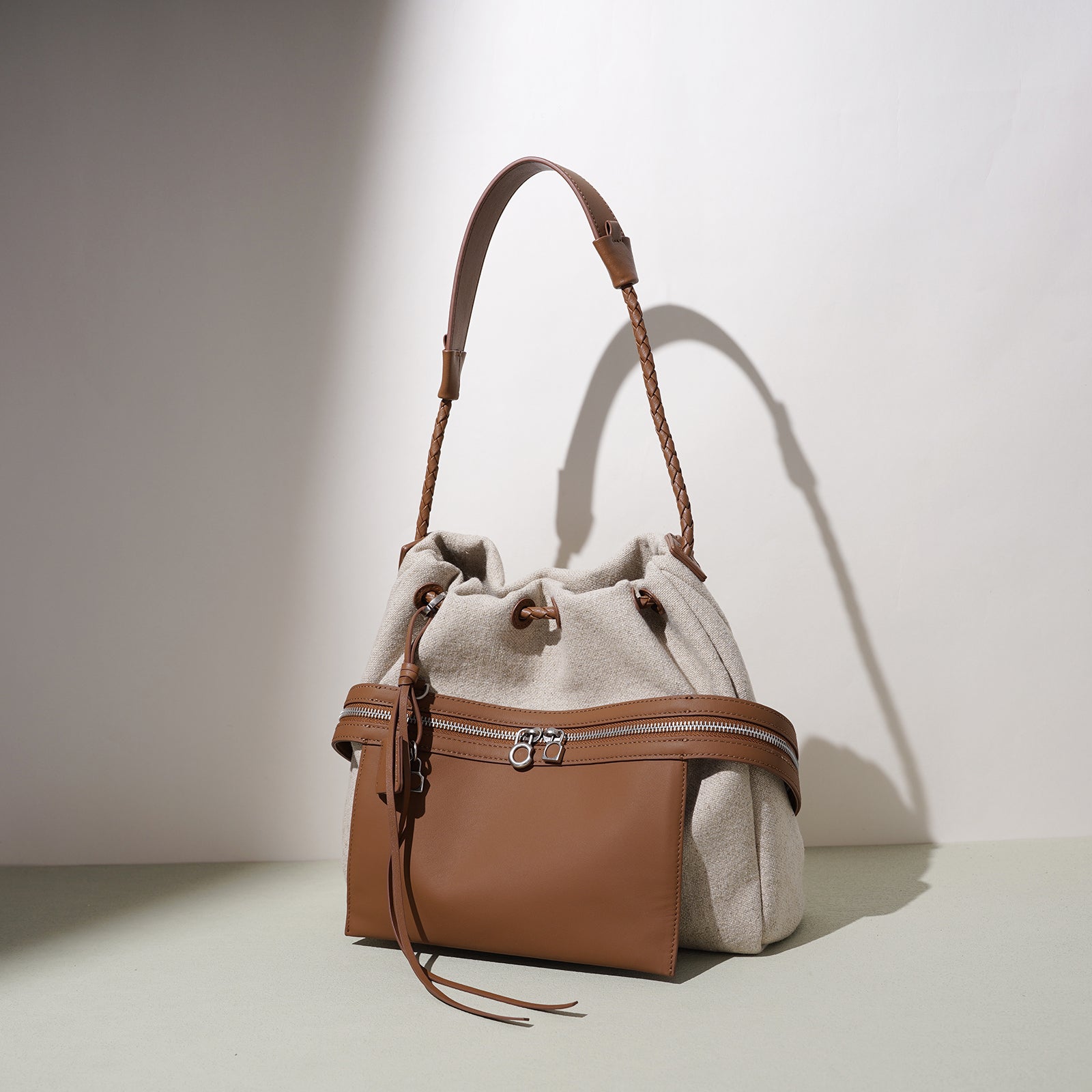 LELALIA Canvas & Leather Drawstring Bucket Bag(LL1022)