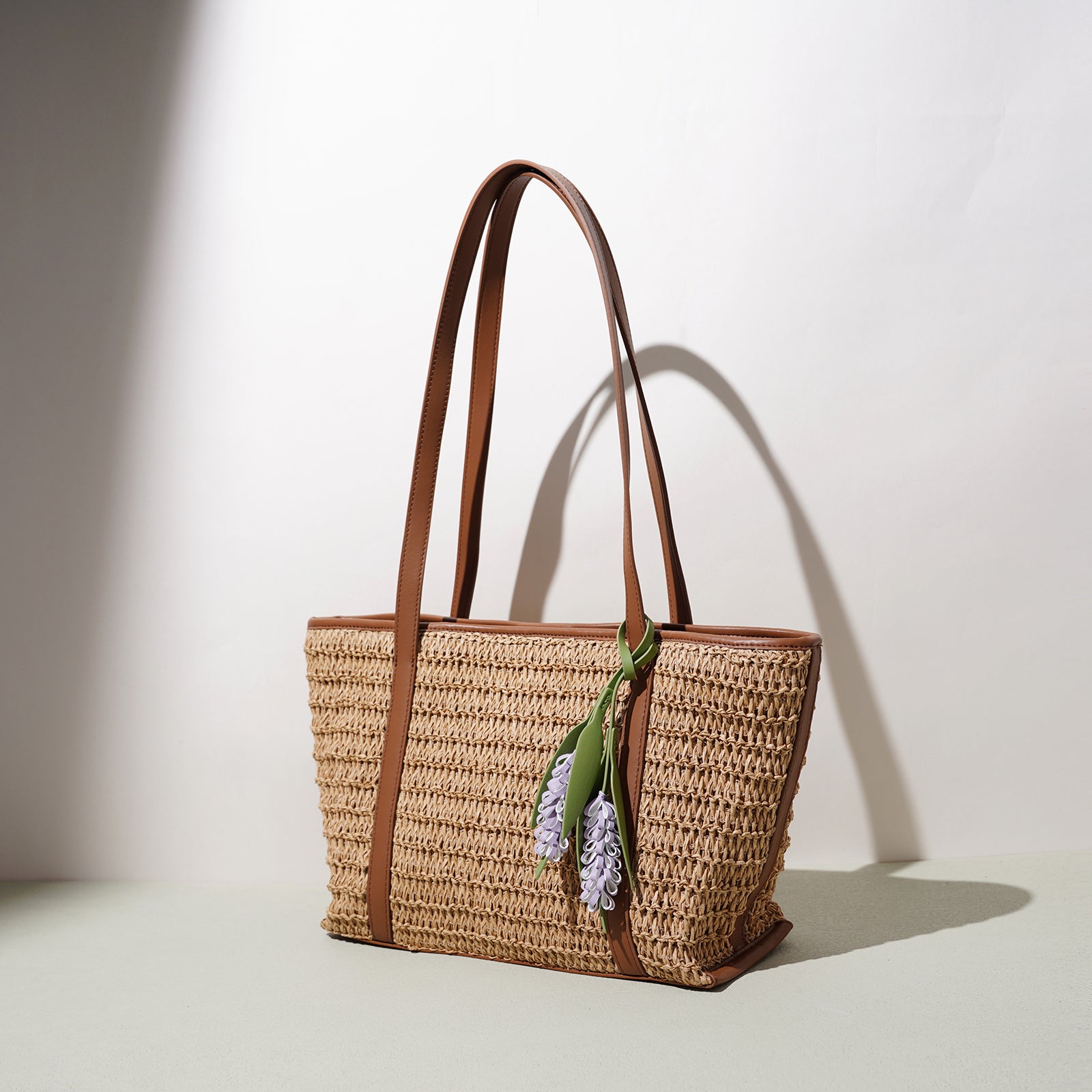 LELALIA Floral Decor Straw Leather Trim Summer Tote Shoulder Bag(LL1029)
