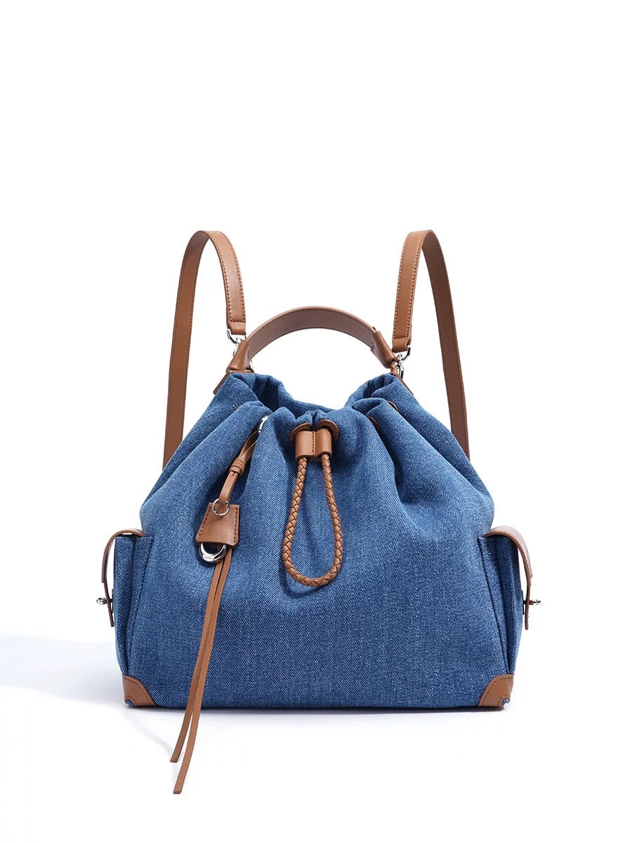 LELALIA Vintage Blue Denim & Contrast Leather Convertible Backpack Bucket Bag, Drawstring Closure Multi-purpose Top Handle Shoulder Crossbody Purse(LL1032)