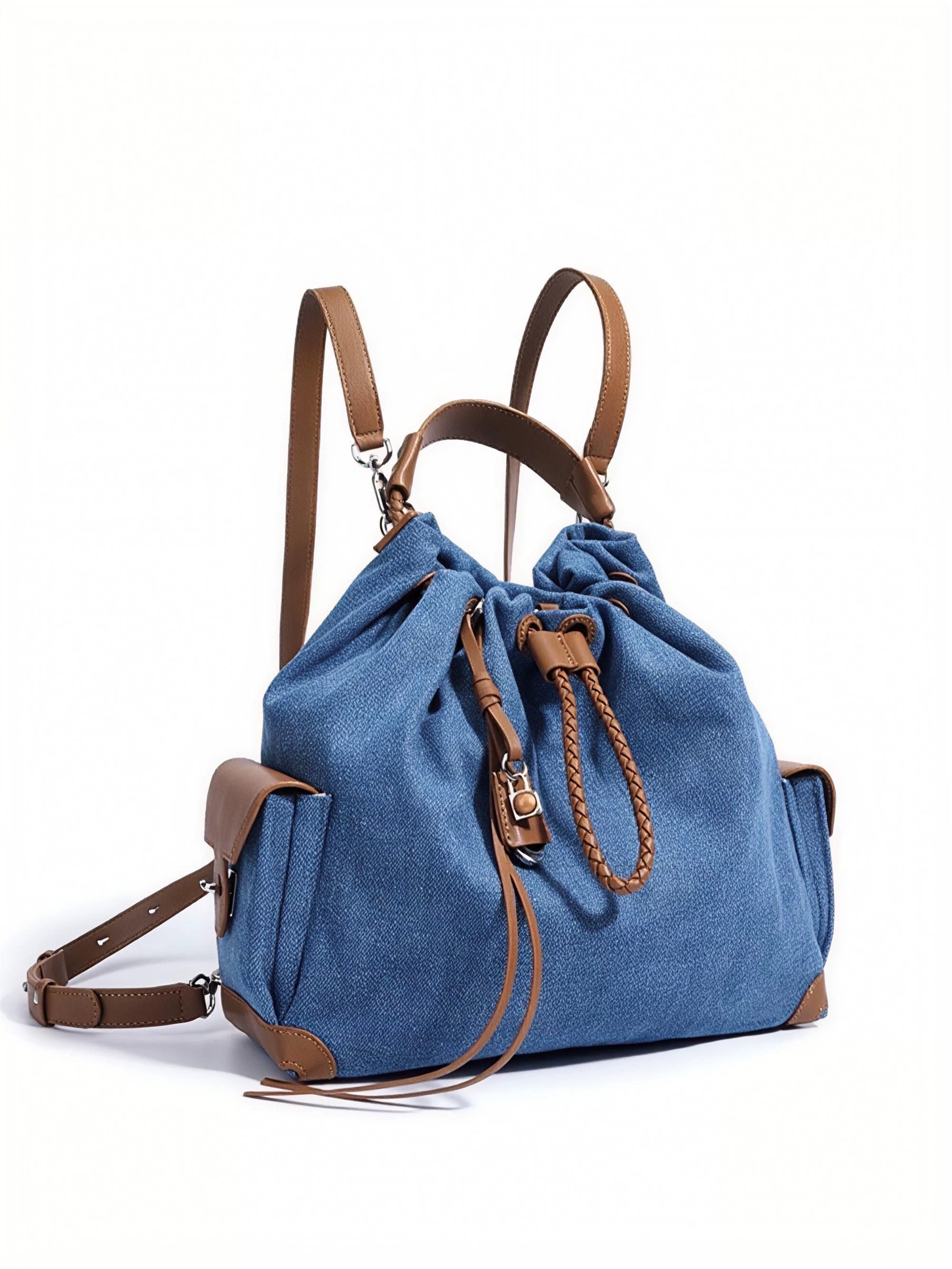 LELALIA Vintage Blue Denim & Contrast Leather Convertible Backpack Bucket Bag, Drawstring Closure Multi-purpose Top Handle Shoulder Crossbody Purse(LL1032)