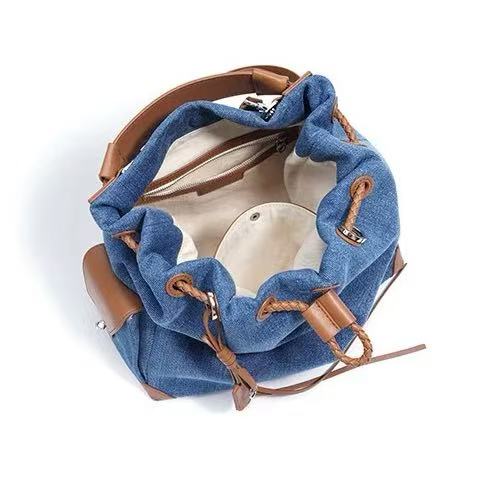 LELALIA Vintage Blue Denim & Contrast Leather Convertible Backpack Bucket Bag, Drawstring Closure Multi-purpose Top Handle Shoulder Crossbody Purse(LL1032)